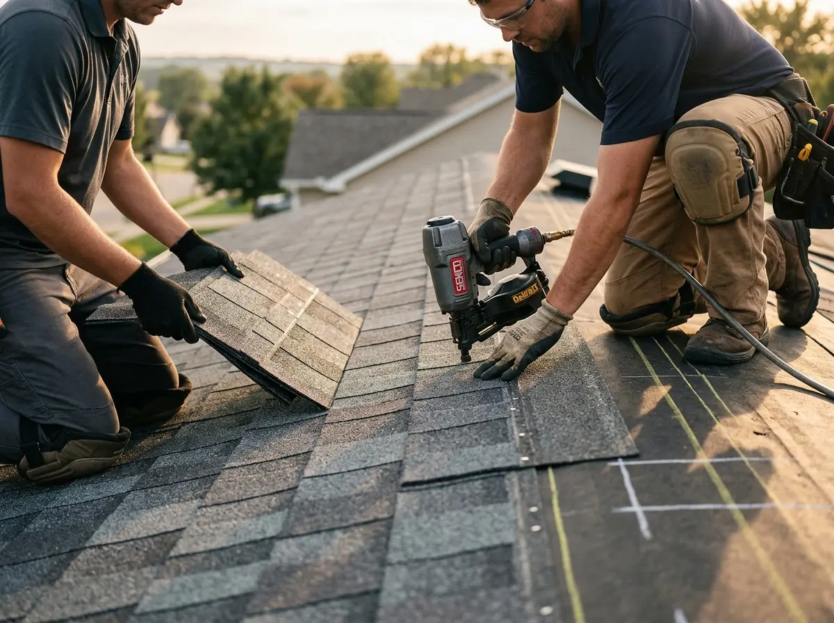 Professional roofer working on a residential roof in Agoura Hills